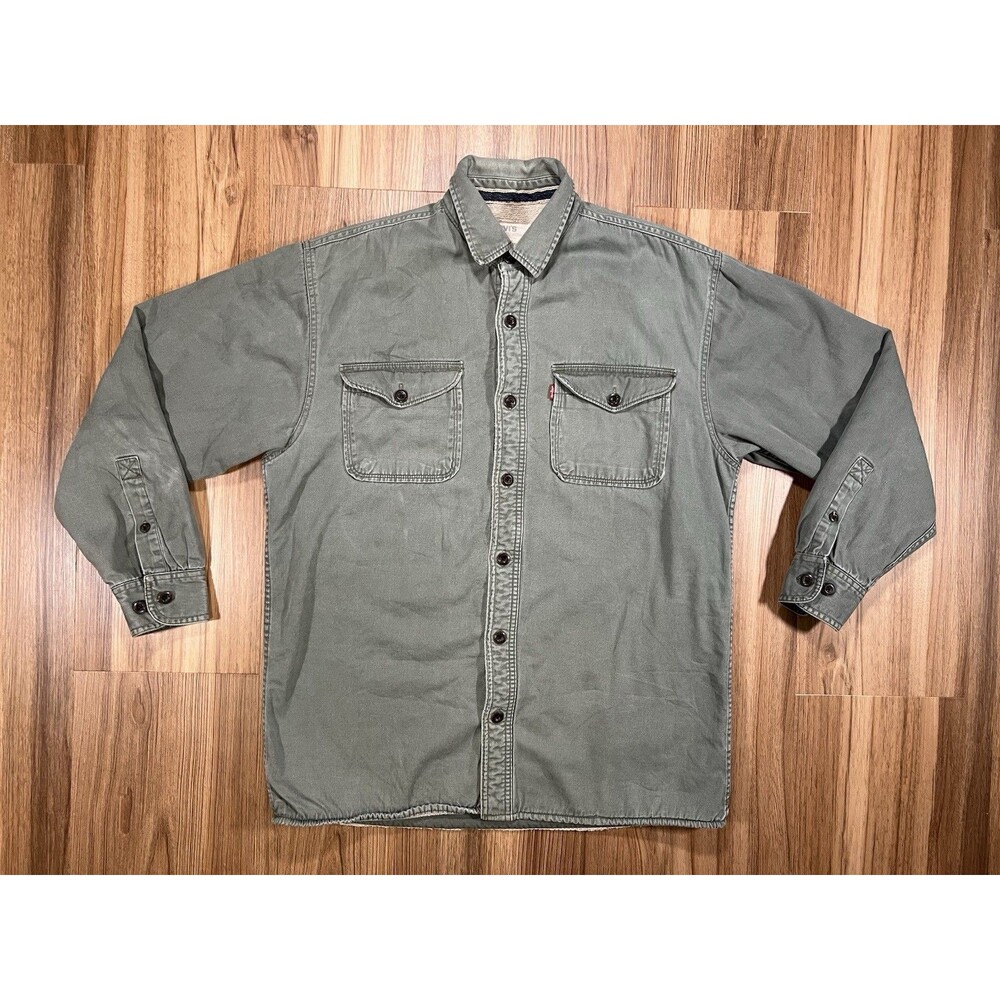 Levis Double Horse Logo Green Sherpa Lined Shacket Button Long Sleeve Mens Med